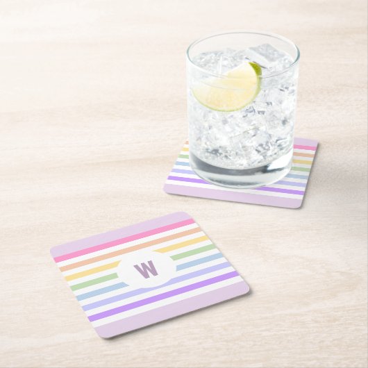 Monogramm in der weiß-Circle-Pastel-Rainbow-Streif Rechteckiger Pappuntersetzer (Vor Ort)