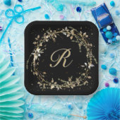 Monogramm in Gold glühender Kranz auf schwarz Pappteller (Party)