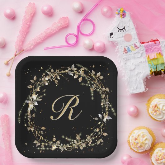 Monogramm in Gold glühender Kranz auf schwarz Pappteller (Party)