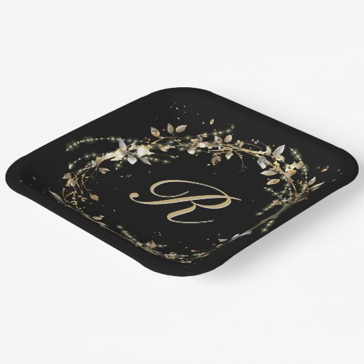 Monogramm in Gold glühender Kranz auf schwarz Pappteller (Gewinkelt)