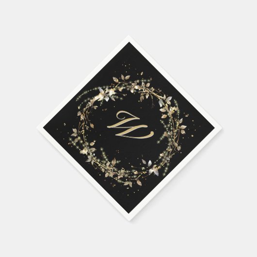 Monogramm in Gold glühender Kranz auf schwarz Serviette (Ecke)
