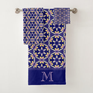 Monogramm-Indigo-Blau-spanische Mittelmeerfliese Badhandtuch Set