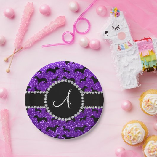 Monogramm Indigo lila Glitzer Dackel Pappteller (Party)