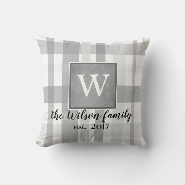 Monogramm individuelles Kissen grau-weiß kariert (Vorderseite)