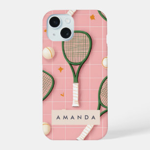 Monogramm individuelles Retro-Tennisschläger-Muste iPhone 15 Hülle