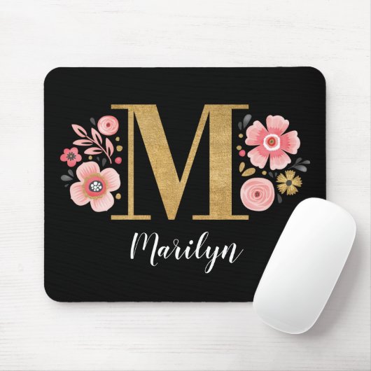 Monogramm Initial Black Floral Mousepad (Mit Mouse)