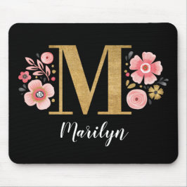 Monogramm Initial Black Floral Mousepad