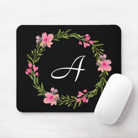 Monogramm Initial Black Floral Mousepad (Mit Mouse)