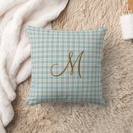 Monogramm Initial Brown Light Blue und Tan Kariert Kissen (Decke)