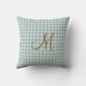Monogramm Initial Brown Light Blue und Tan Kariert Kissen (Rückseite)