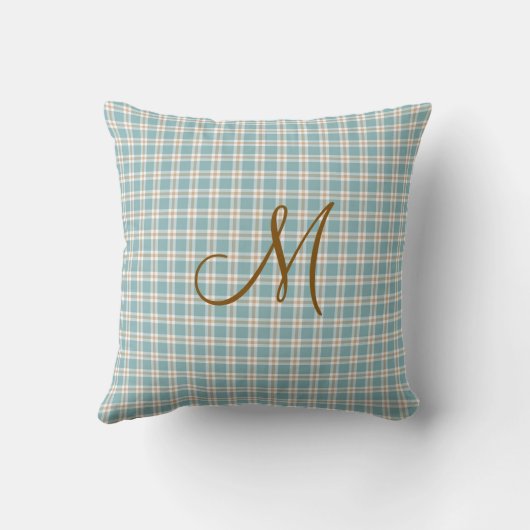 Monogramm Initial Brown Light Blue und Tan Kariert Kissen (Rückseite)