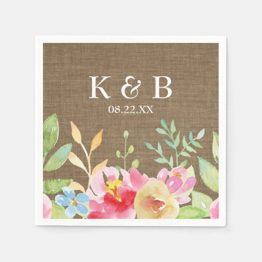 Monogramm Initial Date Watercolor Blume Burlap Serviette (Vorderseite)