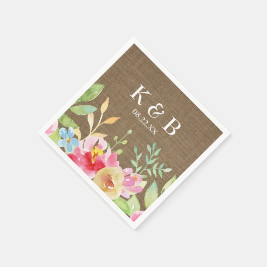 Monogramm Initial Date Watercolor Blume Burlap Serviette (Ecke)