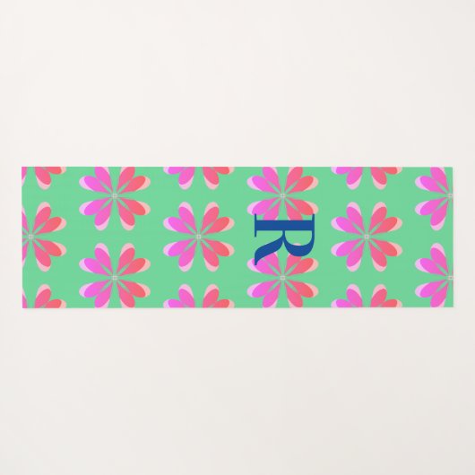 Monogramm Initial Lime Green Pink Retro Floral Yogamatte (Rückseite (Horizontal))