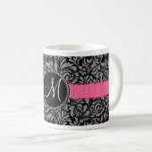 Monogramm Initial Schwarz Grau Damast Blumenmuster Kaffeetasse (VorderseiteRechts)