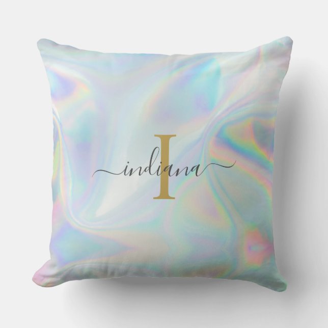 Monogramm Initial Script Holographic Iridescent Kissen (Vorderseite)