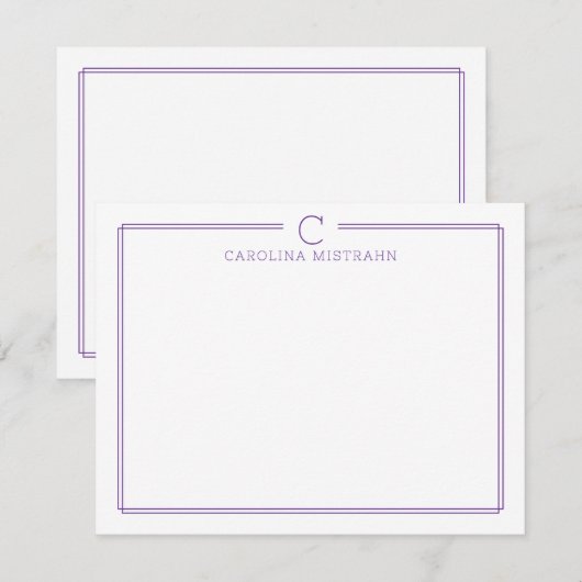 Monogramm Initiale Casual Lila Rand Briefpapier Mitteilungskarte (Vorne/Hinten)