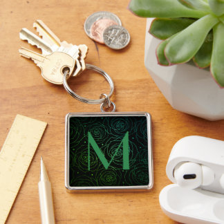 Monogramm Initiale Dunkles Blumen-Rosen-Grün-Verla Schlüsselanhänger