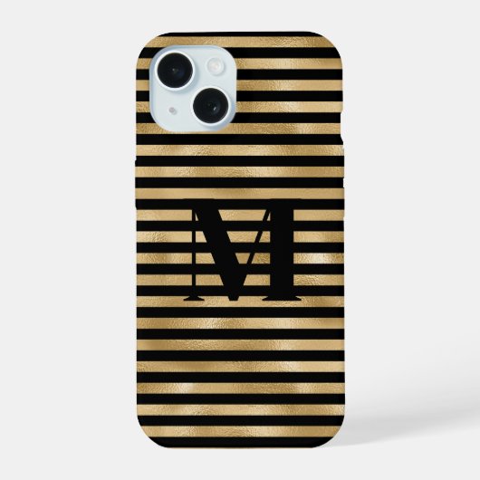Monogramm Initiale Gold Schwarz Gestreift iPhone 15 Hülle (Rückseite)