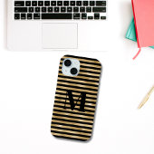Monogramm Initiale Gold Schwarz Gestreift iPhone 15 Hülle