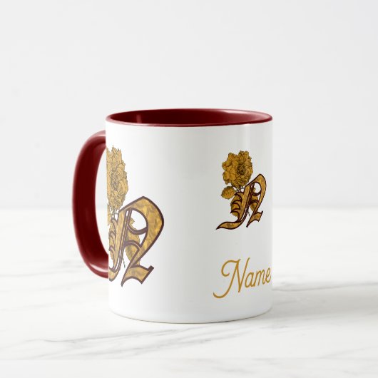 Monogramm Initiale N Gold Pfingstrose Personalisie Tasse (Vorderseite Links)