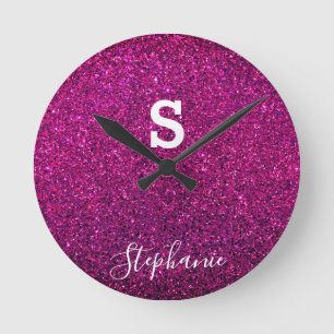 Monogramm Initiale Name violett rosa glitzernd mod Runde Wanduhr
