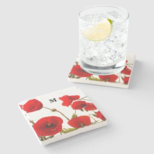 Monogramm Initiale Rote Mohn-Blume Wasserfarbe Steinuntersetzer (Seitenansicht)