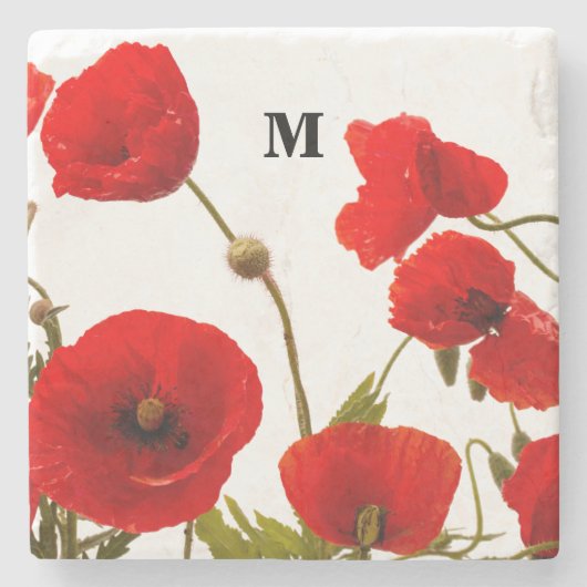 Monogramm Initiale Rote Mohn-Blume Wasserfarbe Steinuntersetzer (Vorderseite)