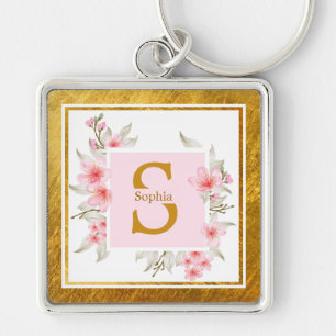 Monogramm Initiale "S" Floral - Rosa Rosen & Gold Schlüsselanhänger