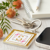 Monogramm Initiale "S" Floral - Rosa Rosen & Gold Schlüsselanhänger (Vorderseite rechts)
