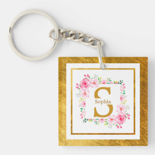 Monogramm Initiale "S" Floral - Rosa Rosen & Gold Schlüsselanhänger