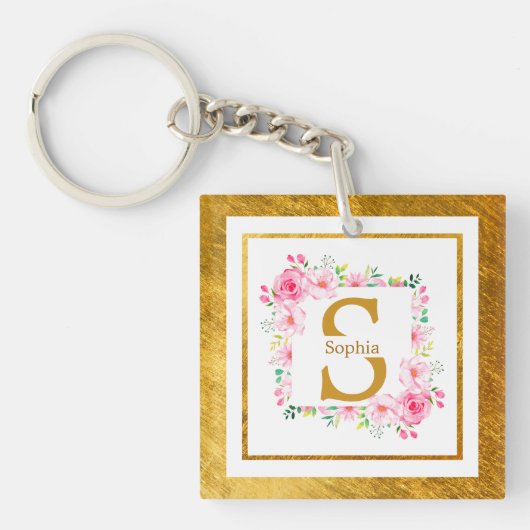 Monogramm Initiale "S" Floral - Rosa Rosen & Gold Schlüsselanhänger (Vorderseite)