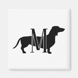 Monogramm Initiale Schwarz-Weiß-Doxie-Silhouette  Magnet