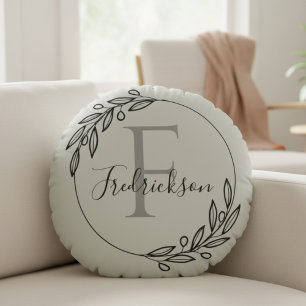 Monogramm Initiale und Familienname Olivenzweig Rundes Kissen