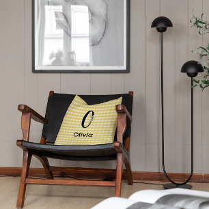 Monogramm Initiale Wasserfarben-Blumen-Gingham-Mus Kissen
