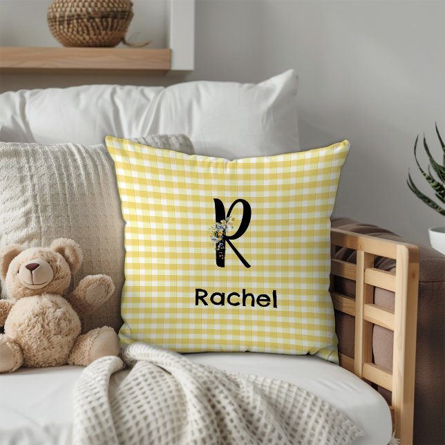 Monogramm initiale Wasserfarben-Blumen-Gingham-Mus Kissen (Von Creator hochgeladen)