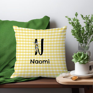 Monogramm Initiale Wasserfarben-Blumen-Gingham-Mus Kissen
