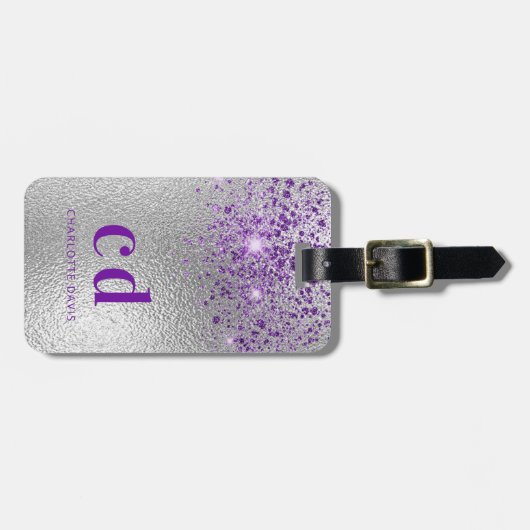 Monogramm-Initialen für lila Glitzer Gepäckanhänger (Vorderseite horizontal)