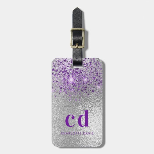Monogramm-Initialen für lila Glitzer Gepäckanhänger (Vorderseite vertikal)