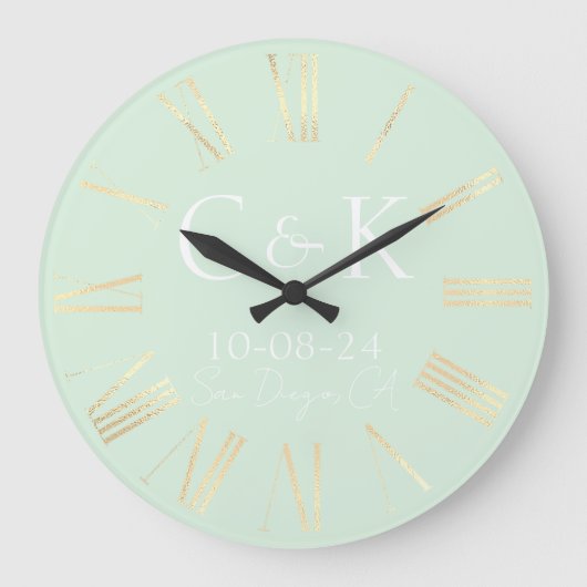 Monogramm-Initialen für Mint Green Wedding Große Wanduhr (Vorderseite)