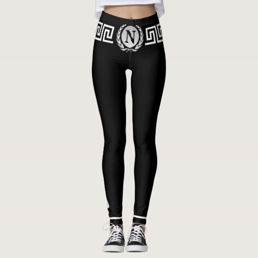 Monogramm Initialen, Lorbeeren, Griechischer Schlü Leggings (Vorderseite)