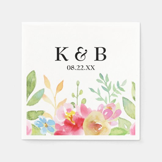 Monogramm-Initialen mit/Datum und Aquarellfarben-B Serviette (Vorderseite)