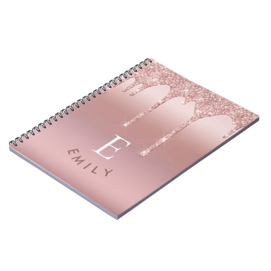 Monogramm Initialen Name Rose Gold Glitzer Tropfen Notizblock (Linke Seite)