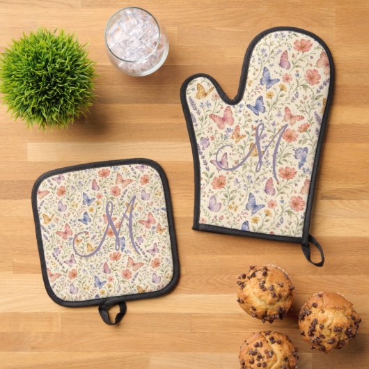 Monogramm Initialien Blumen Schmetterlinge Geschen Ofenhandschuh & Topflappen-Set (Oben Unten)