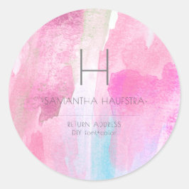 Monogramm Iridescent Pink Rose Pinselstrich Wasser Runder Aufkleber