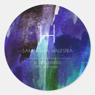 Monogramm Irisierend Indigo Gebürstet Wasserfarbe Runder Aufkleber