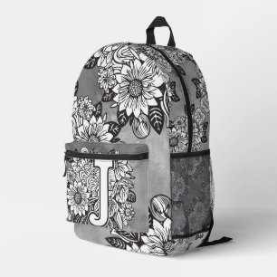 Monogramm "J" Sonnenblumen-Muster Schwarz-Weiß DIY Bedruckter Rucksack