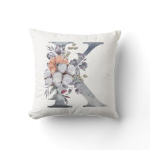 Monogramm K, Florale Wasserfarbe Blau Pfirsich Wei