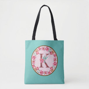 Monogramm-K-Letter mit Peony-Blume-Totbeutel Tasche