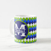 Monogramm-Kaffee, Lime-Grün und Weiß-Raute Kaffeetasse (Vorderseite Links)